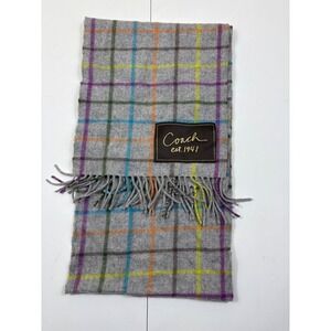 Coach Wool Cashmere Scarf Grey‎ Multi Plaid Windowpane Fringed Logo